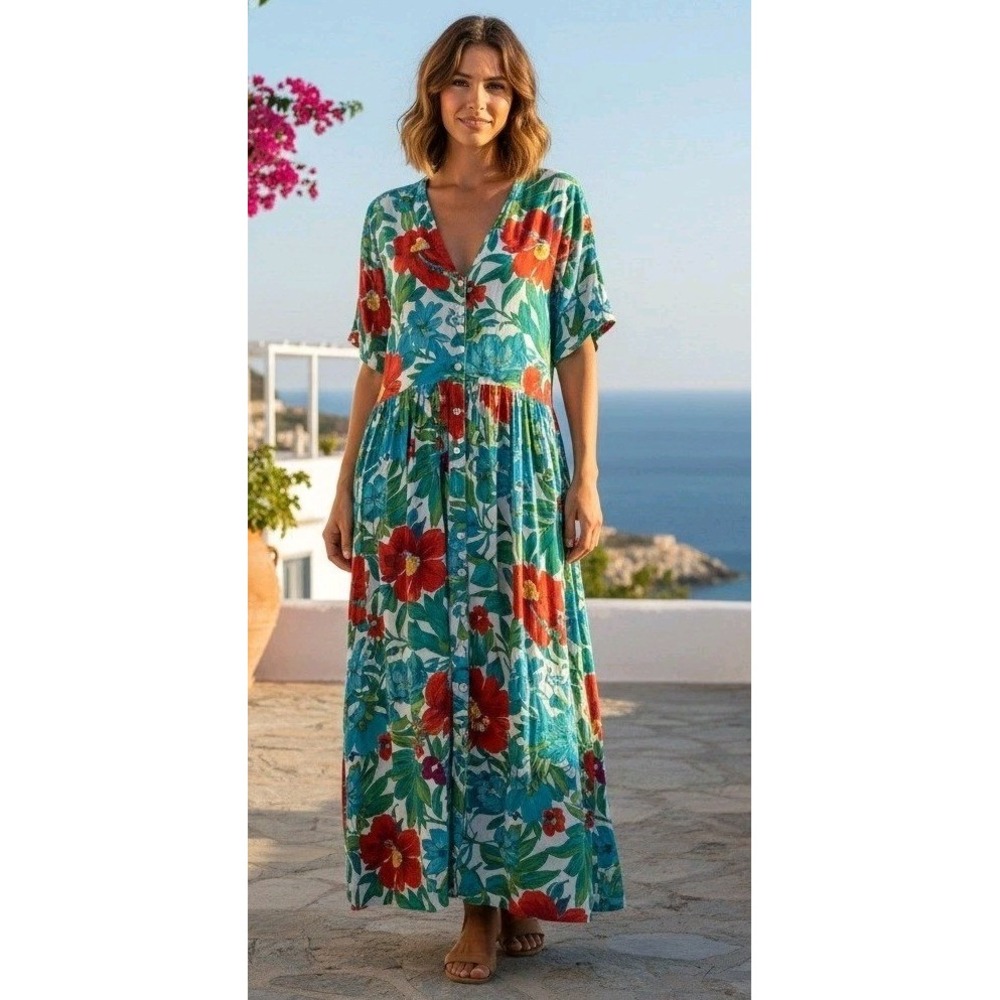 New Aura Maxi Dress Womens Size P Floral Pleated Button Front Cottage Boho Vacay